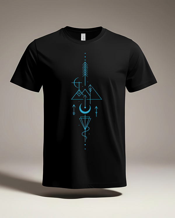 Lunar Cyan Glyph Tee | Celestial Geometric Line Art T-Shirt